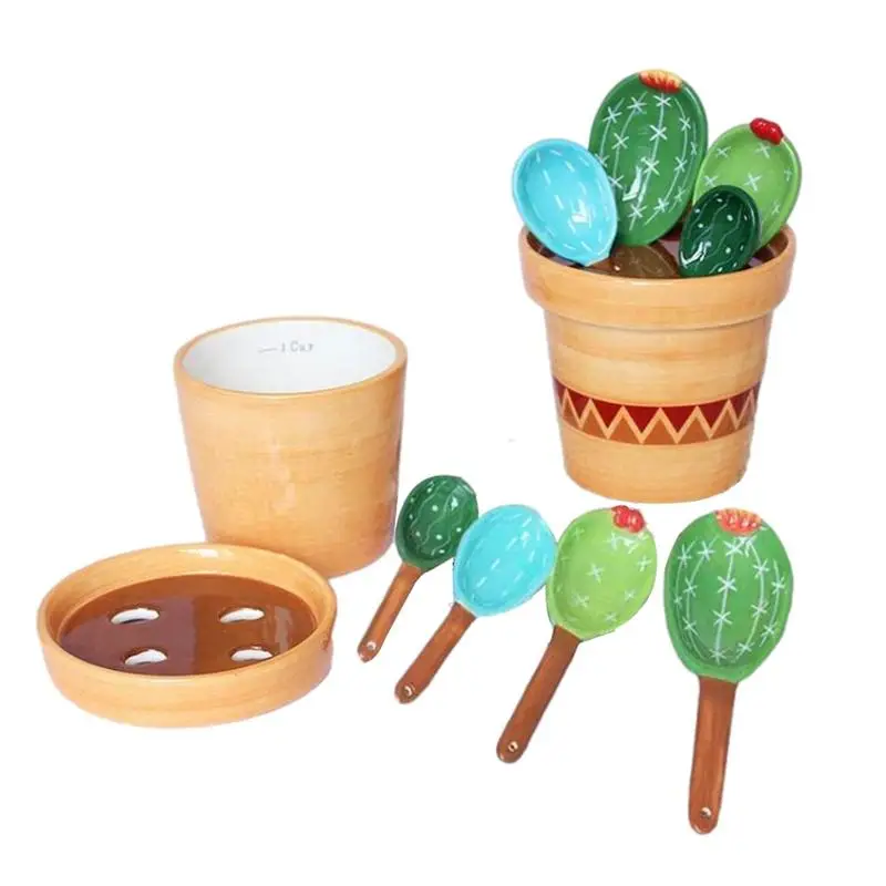 4pcs Potted Cactus Measuring Spoon Set Cute Cacti Spoons and Cups Measuring Spoons Set for Salt Sugar Dishwasher Safe