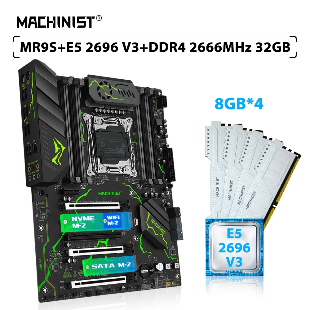 

Комплект материнской платы MACHINIST X99 MR9S LGA 2011-3, процессор Xeon E5 2696 V3, 32 ГБ = 4 шт. * 8 ГБ 2666 МГц DDR4, оперативная память NVME M.2