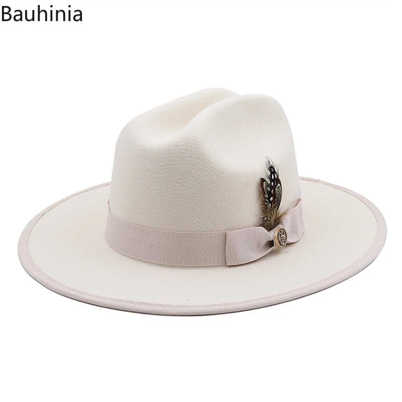 

Bauhinia British Style White Feather Band Felt Fedora Hats for Women Men Church Jazz Cap Gentleman Elegant Lady Trilby Hat