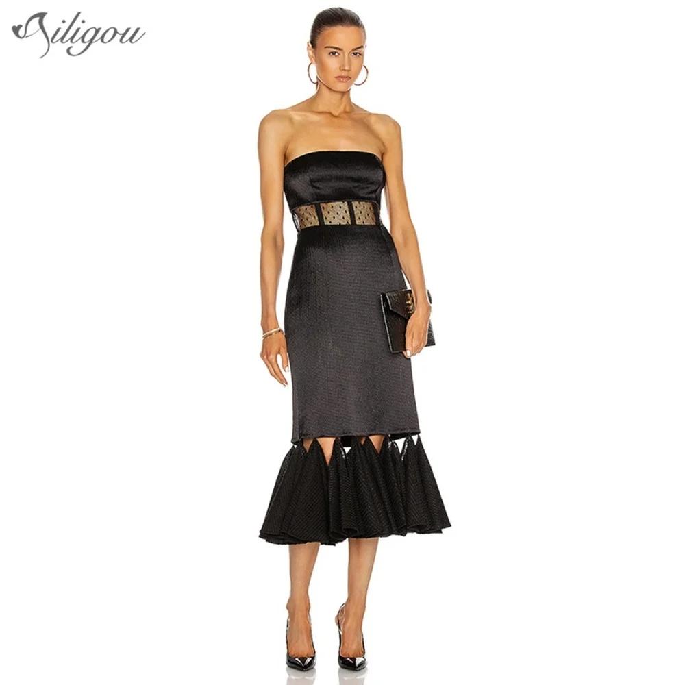 

Женское Бандажное платье с бахромой Ailigou, черное облегающее длинное платье до середины икры с открытыми плечами, без рукавов, в стиле Звезд, ...