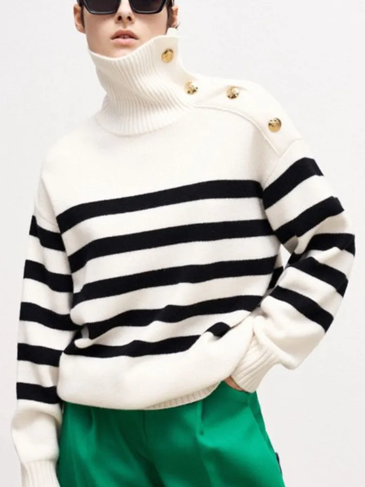 

Luxury Women's Clothing 2022 Turtleneck Sweater New Striped Shoulder Buttons Female Loose Casual Pullover Top Knitwears