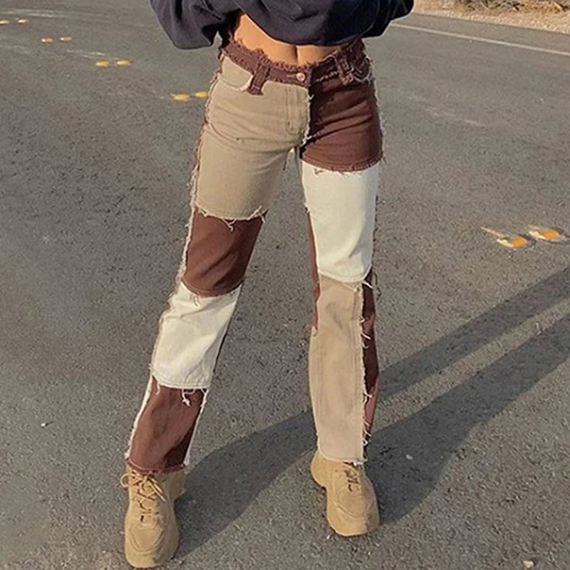 

Autunno marrone donna Cowboy Jeans Patchwork a righe Street Casual Hip Hop vita alta Jeans dritti larghi pantaloni moda donna