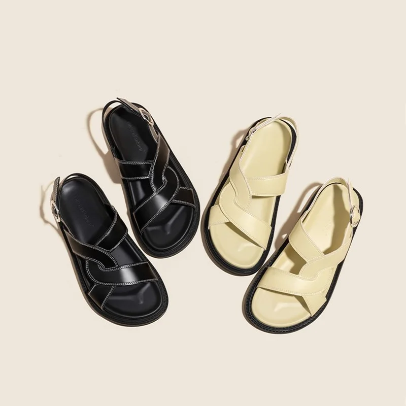 Women Sandals 2022 New Summer Black Leather Gladiator Platform Wedges Shoes Ladies Casual Street Style Open Toe Beach Slippers