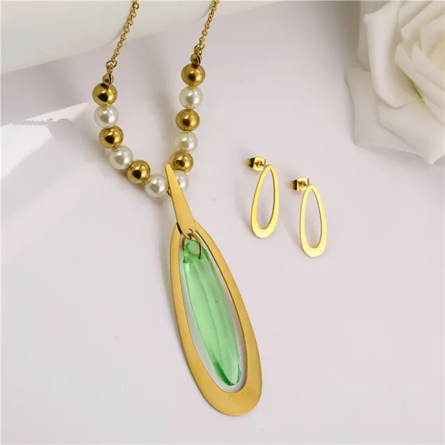 

Zircon Pearl Necklace Earrings Set Stainless Steel Jewelry sets woman Accessories Gifts For women Free Shipping