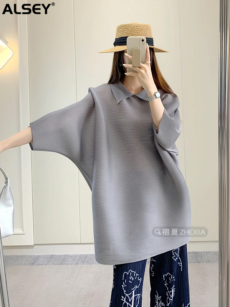 

ALSEY Miyake Y2k Pleated Top Women Loose Plus Size Retro Slimming Seven-quarter Sleeve T-shirt Woman Clothing 2023 Summer New