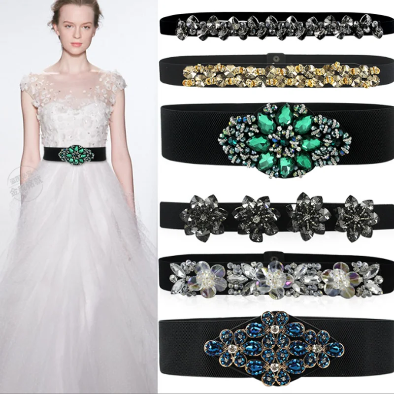 Crystal Rhinestone Elastic Dress Waistband Inlaid Flower Waist Belt Closure Snap Button Dress Decorative Belt Women Gift