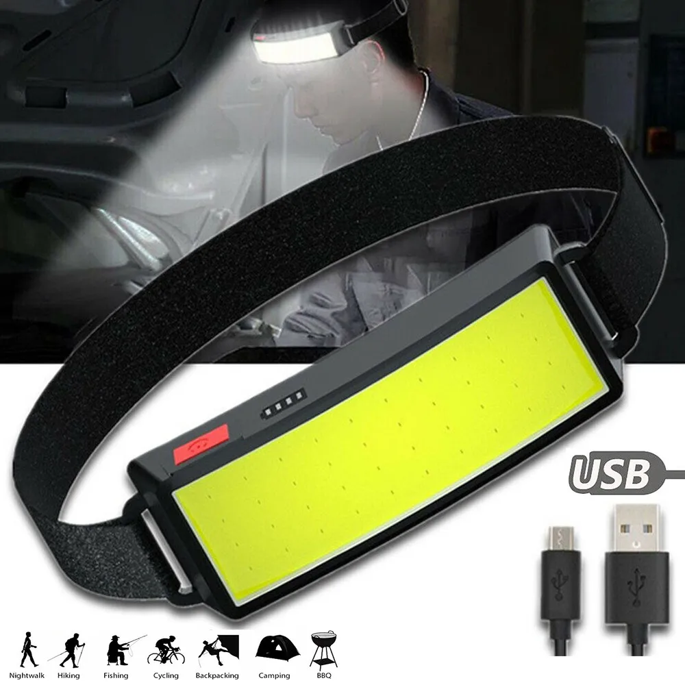 

Светодиодный налобный фонарь с зарядкой от USB, ярсветодиодный Головной фонарь с COB матрицей, 3 режима светильник для кемпинга, бега, пешего ту...