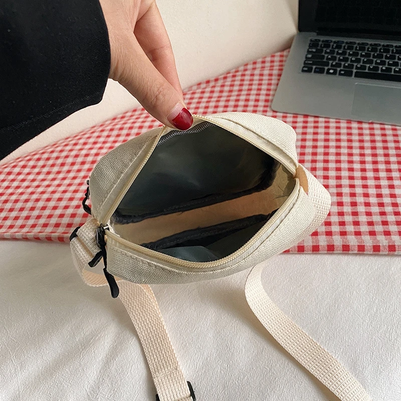 Cute Student Canvas Small Bag Girl Crossbody Bag Fashion Simple Messenger Tote Bag Zipper Cloth Fabric Mobile Phone Bag