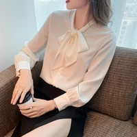 solid color lace up ribbon chiffon shirt satin long sleeve commuter new spring autumn blusas mujer de moda fashion tops 981a