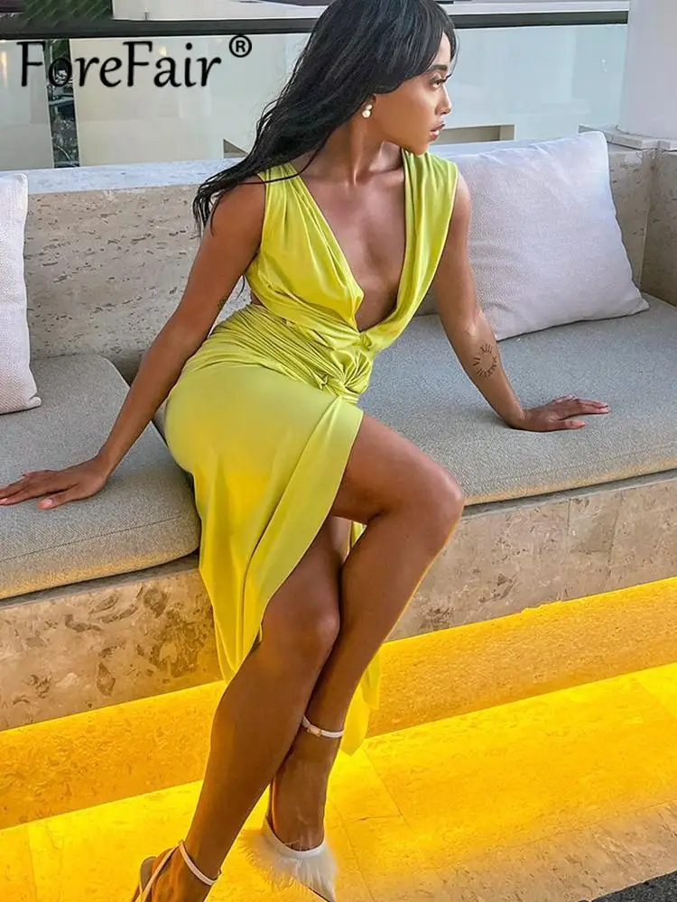 

Элегантное Атласное облегающее платье Forefair с глубоким V-образным вырезом, женское сексуальное платье миди с открытой спиной и разрезом, лет...