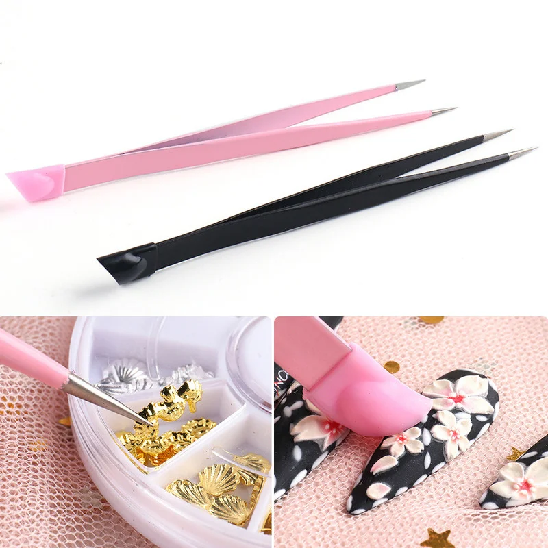 

Stainless Steel Silicone Embossed Stick Pressing Straight Head Tweezers Rhinestones Sticker Picker Double Heads Nail Art Tools