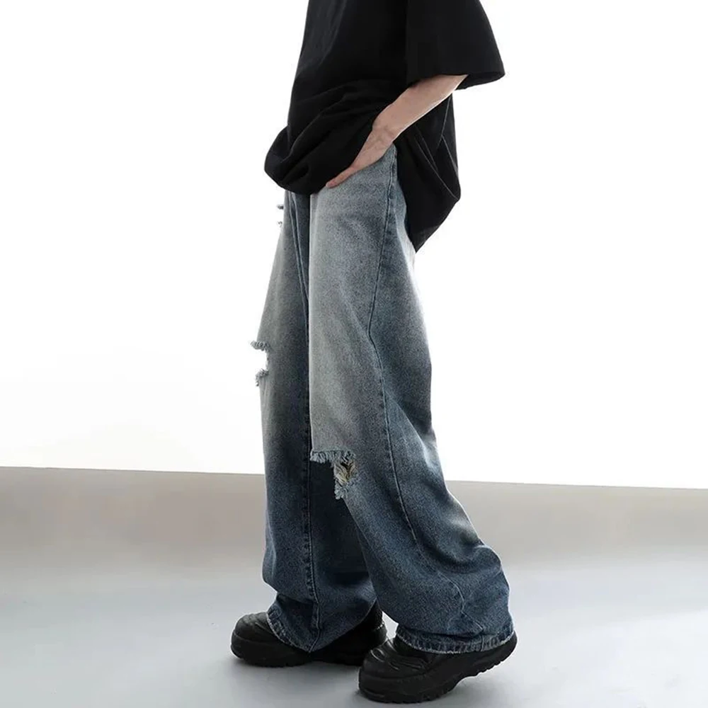 Summer New Elastic Waist Ripped Jeans Men's American High Street Y2K Straight Hiphop Loose Wide-leg Pants Gradient Trousers