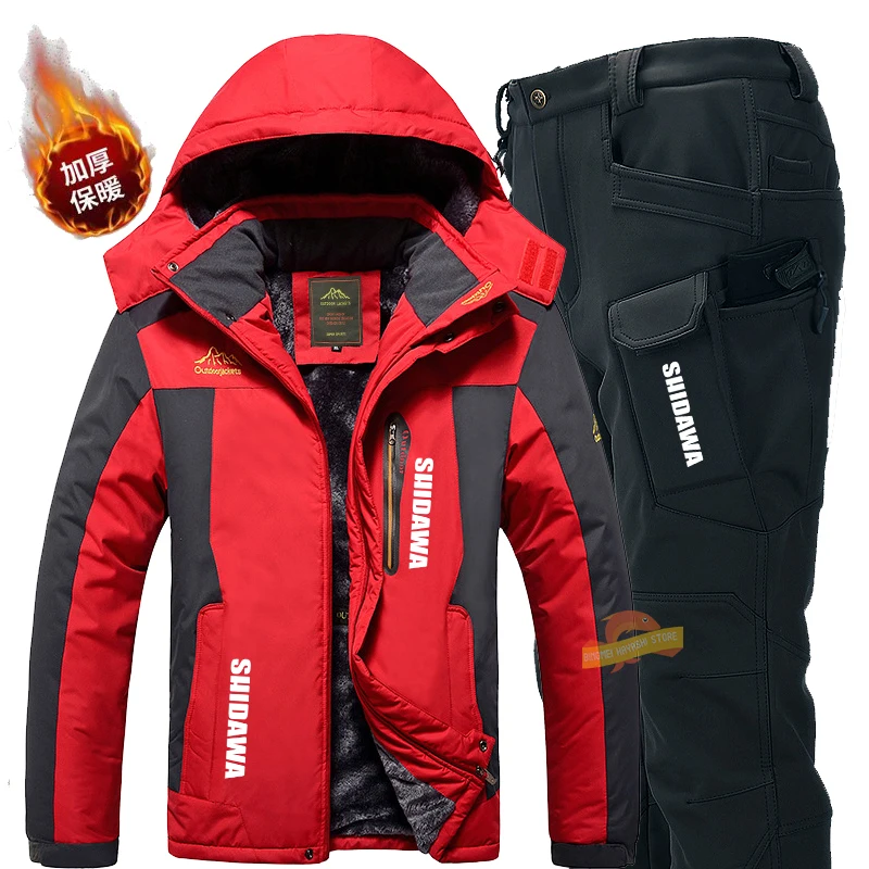 Winter Thicken Fleece Fishing Suits Windproof Waterproof Warm Hooded Jacket Coldproof Hiking Pants Men's Outdoor Camping Clothes enlarge