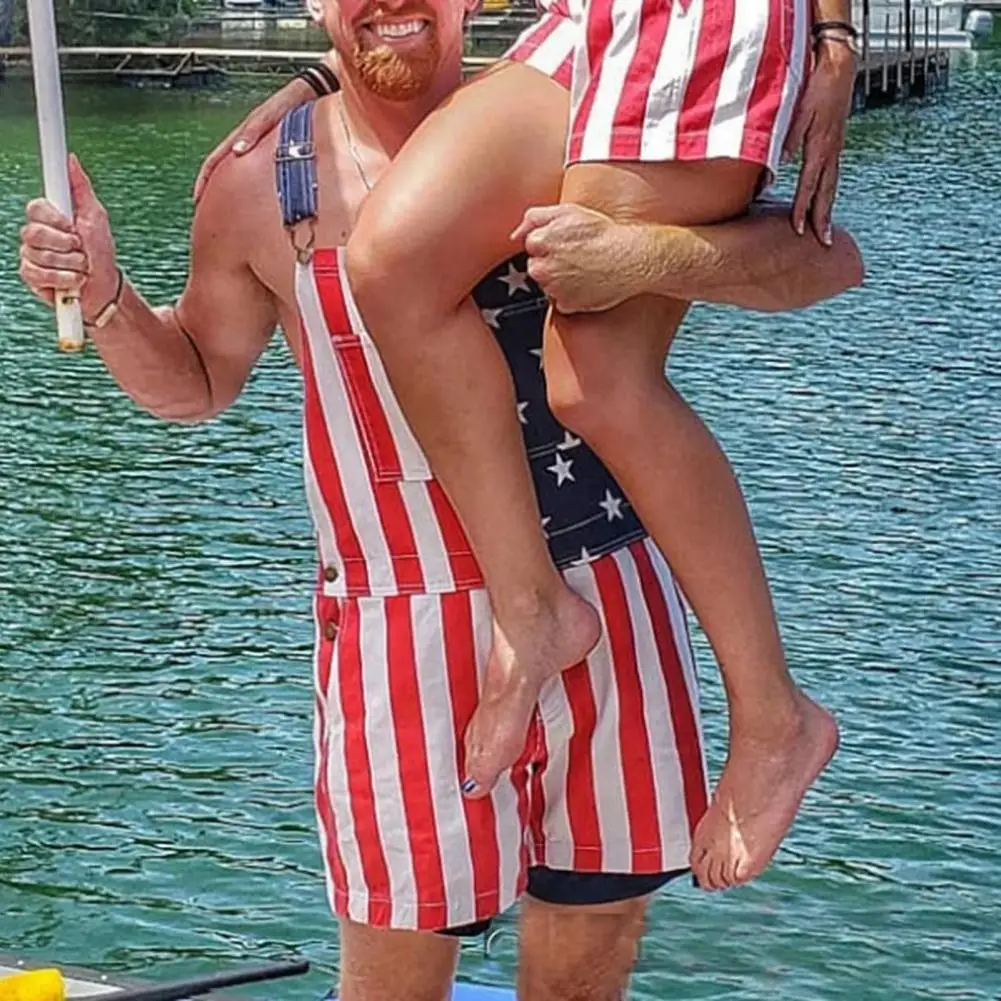 

Fashion Men Romper Independence Day Flag Sleeveless Stretchy Male Mid Waist Stragight Overalls for Party