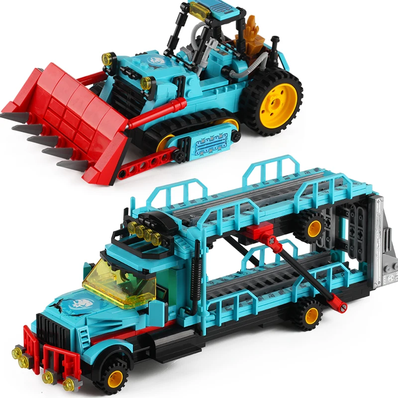 

Bulldozer Double Decker Truck Transporter Large Engineering Vehicle Model Building Blocks Educational DIY Bricks Toys