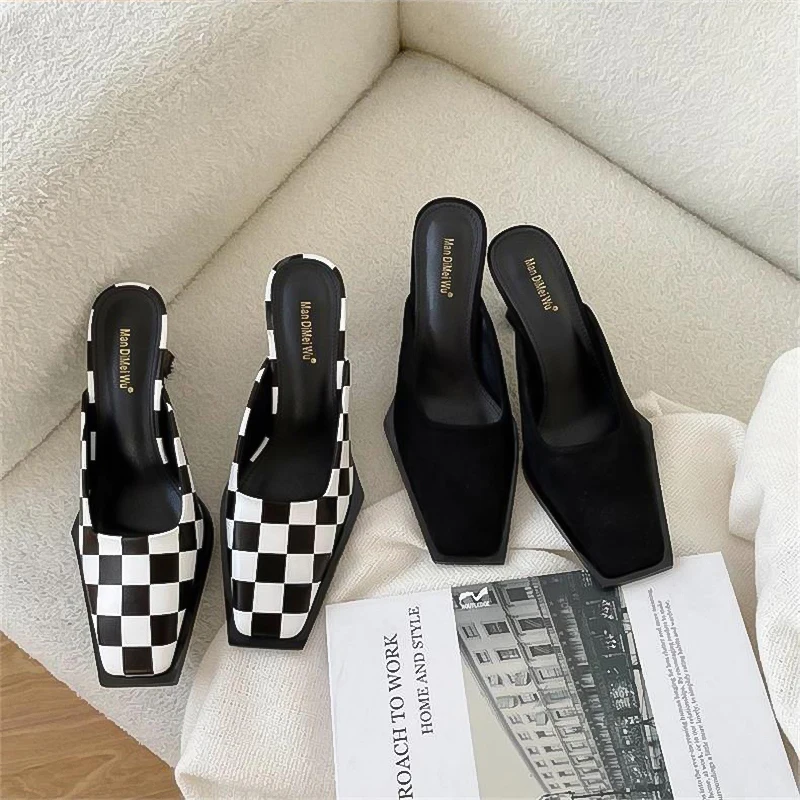 

Shoes Woman 2023 Slippers Casual Heeled Mules Cover Toe Med Pantofle Luxury High Thin Square Summer New Rome PU Slides Spring