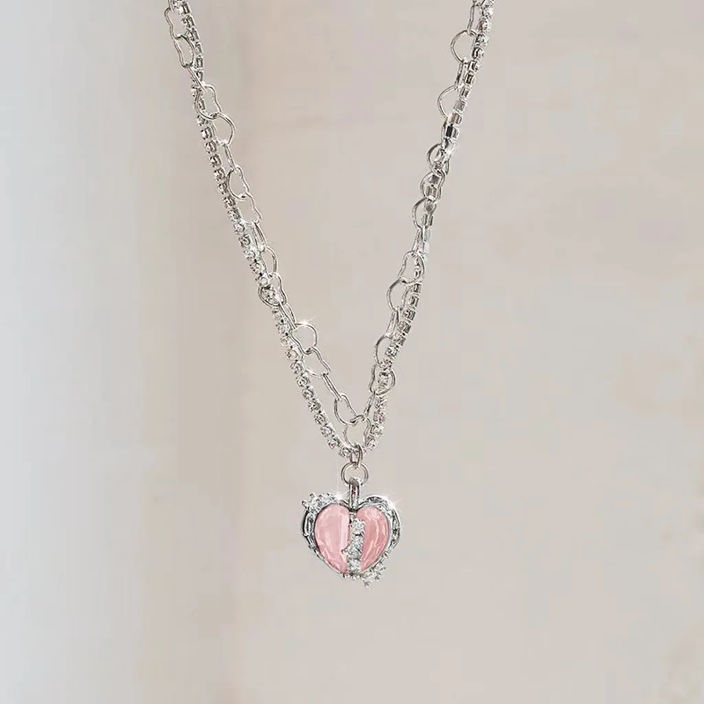 

PTQASP 2023 Trendy Elegant Kpop Split Heart Pendant Necklace Opal Metal Silver Color Pearl Multi-layered for Women Jewelry Gift