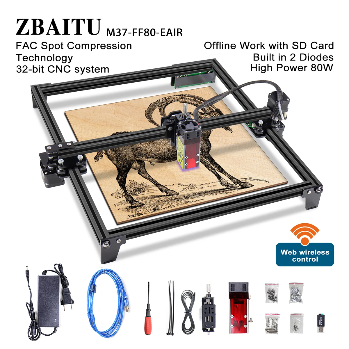ZBAITU FF80 Upgrade 80W-EAIR Cutter Remaker ,With Air Assisted,Offline Work/FAC,Laser Engraving Machine Cut 0.05 MM Steel, Wood enlarge