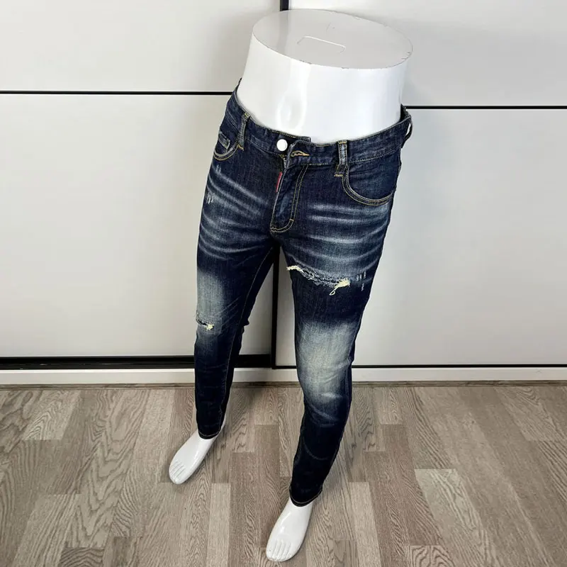 Street Fashion Men Jeans High Quality Retro Blue Elastic Skinny Ripped Jeans Men Embroidery Designer Hip Hop Brand Pants Hombre