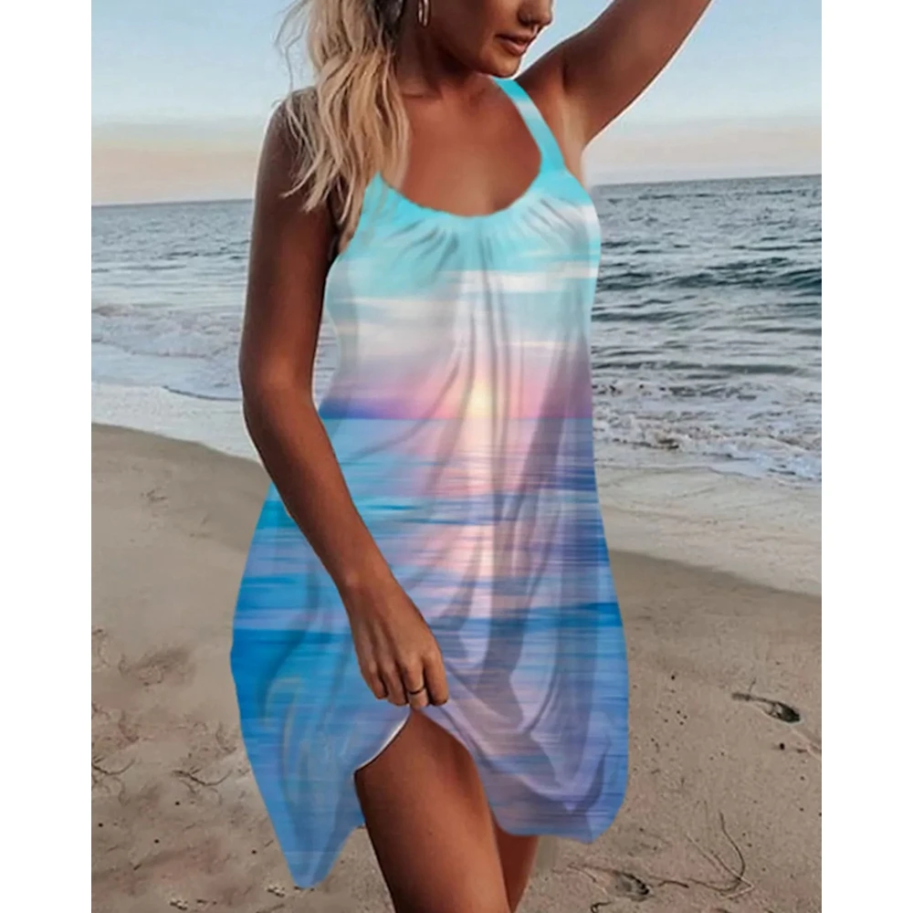 

2023 Summer Women Abstract Print Sleeveless Ruched Loose Casual Cami Dress Female O Neck Mini Beach Dresses Oversized Clothes