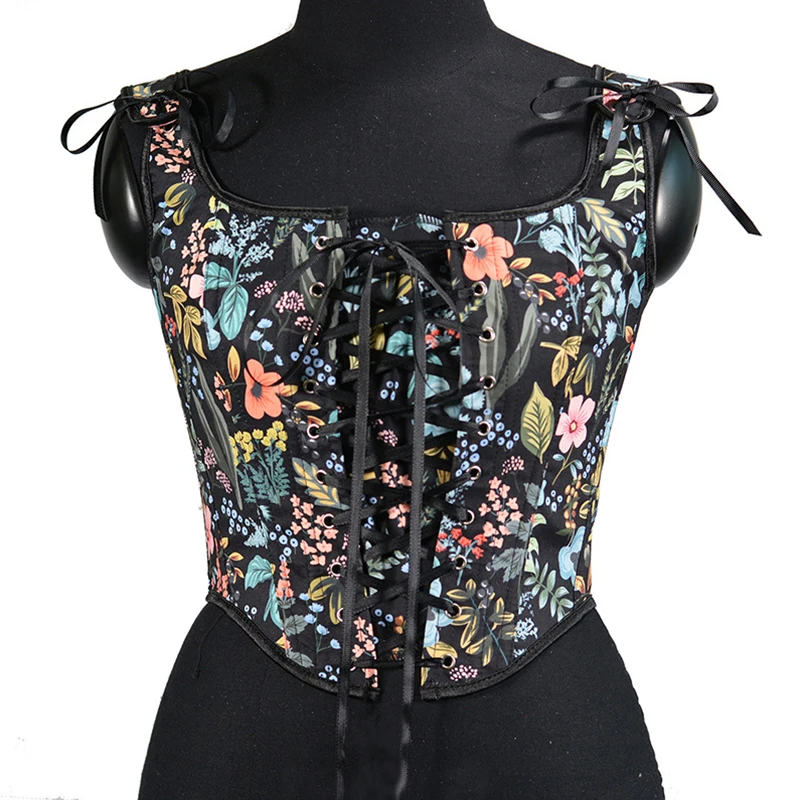 Женский винтажный корсет на шнуровке с цветочным принтом укороченный топ без