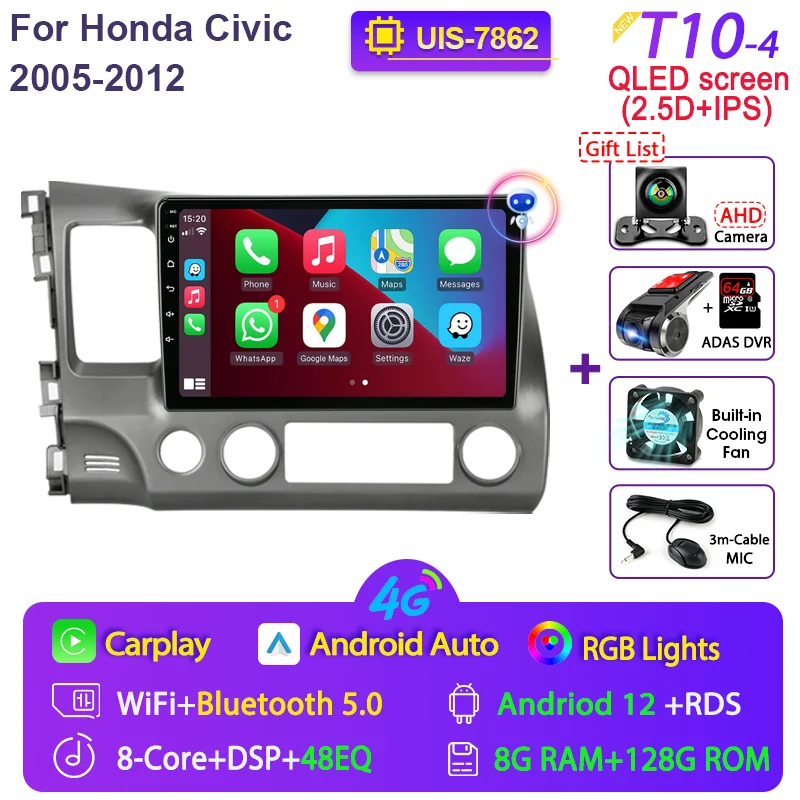

Srnubi Android 12.0 автомобильный радиоприемник для Honda Civic 2005-2012 мультимедийный видеоплеер 2Din 4G WIFI GPS-навигация Carplay стерео