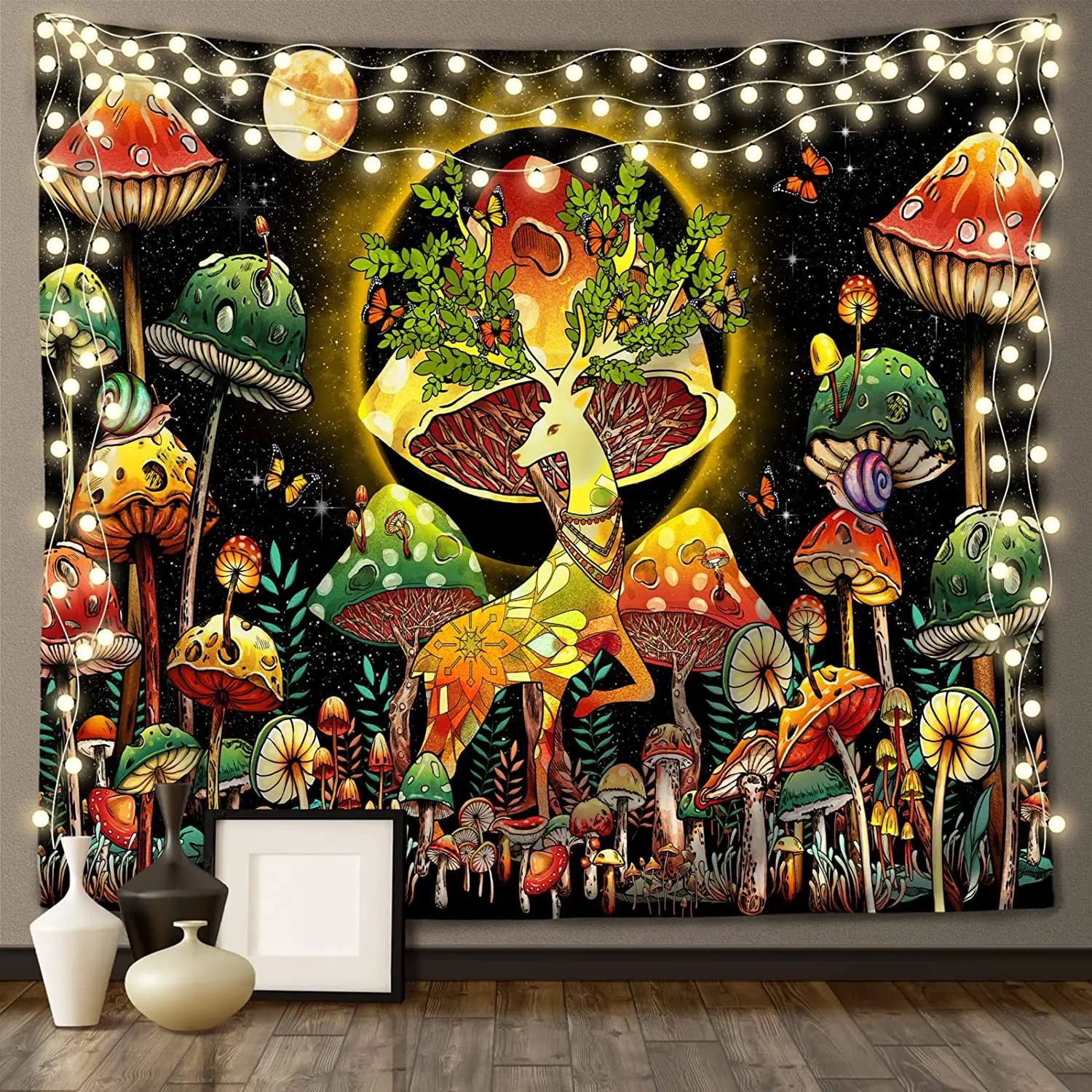 

Mushroom Tapestry Moon Tapiz Hippie Elk Wall Hanging Psychedelic Home Aesthetic Boho Bedroom Decor Starry Room Art Decoration