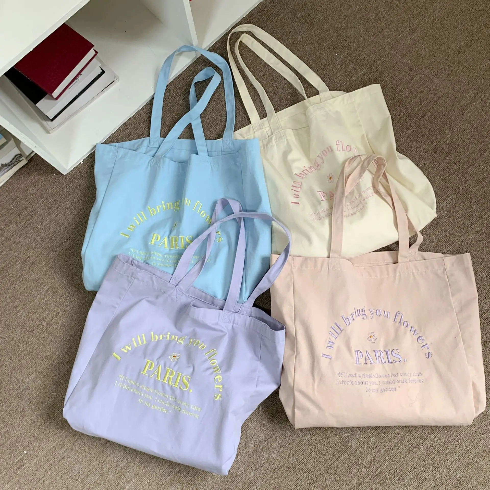 Bolso de hombro de lona con bordado de letras para mujer, bolsa de mano de gran capacidad para estudiantes y niñas, bolso de viaje informal, bolsas de compras ecológicas