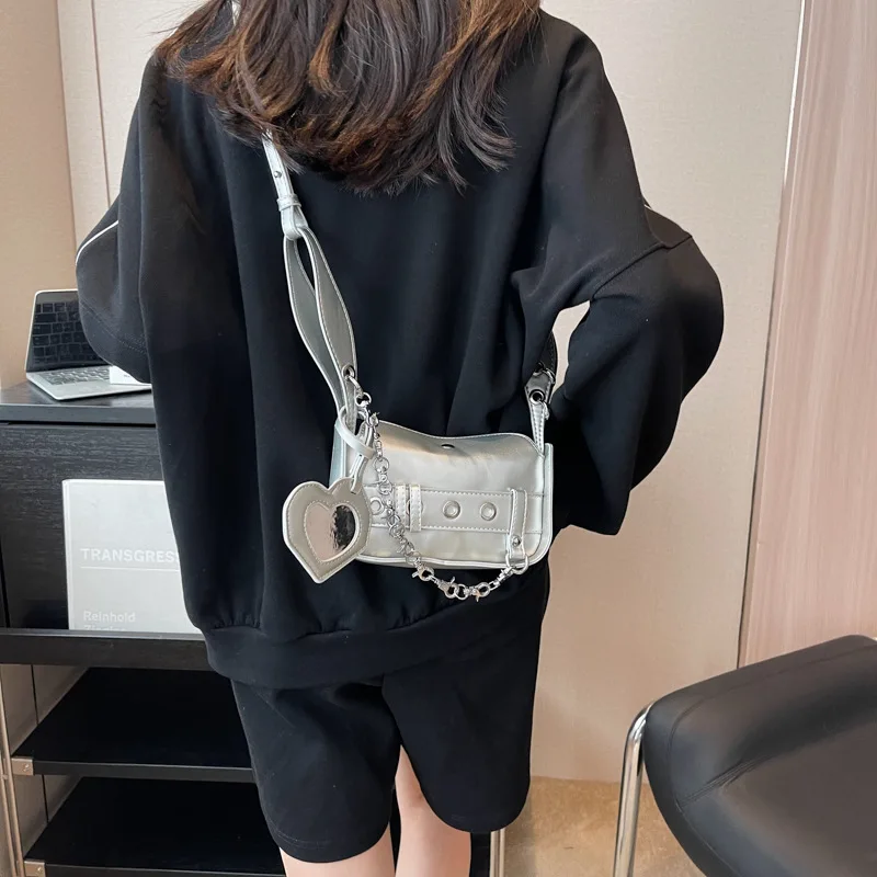 

Fashion Silver Small Square Bag Versatile One Shoulder Crossbody Bag High Quality Women's Handbag Cool Teacher Motorcycle Bag