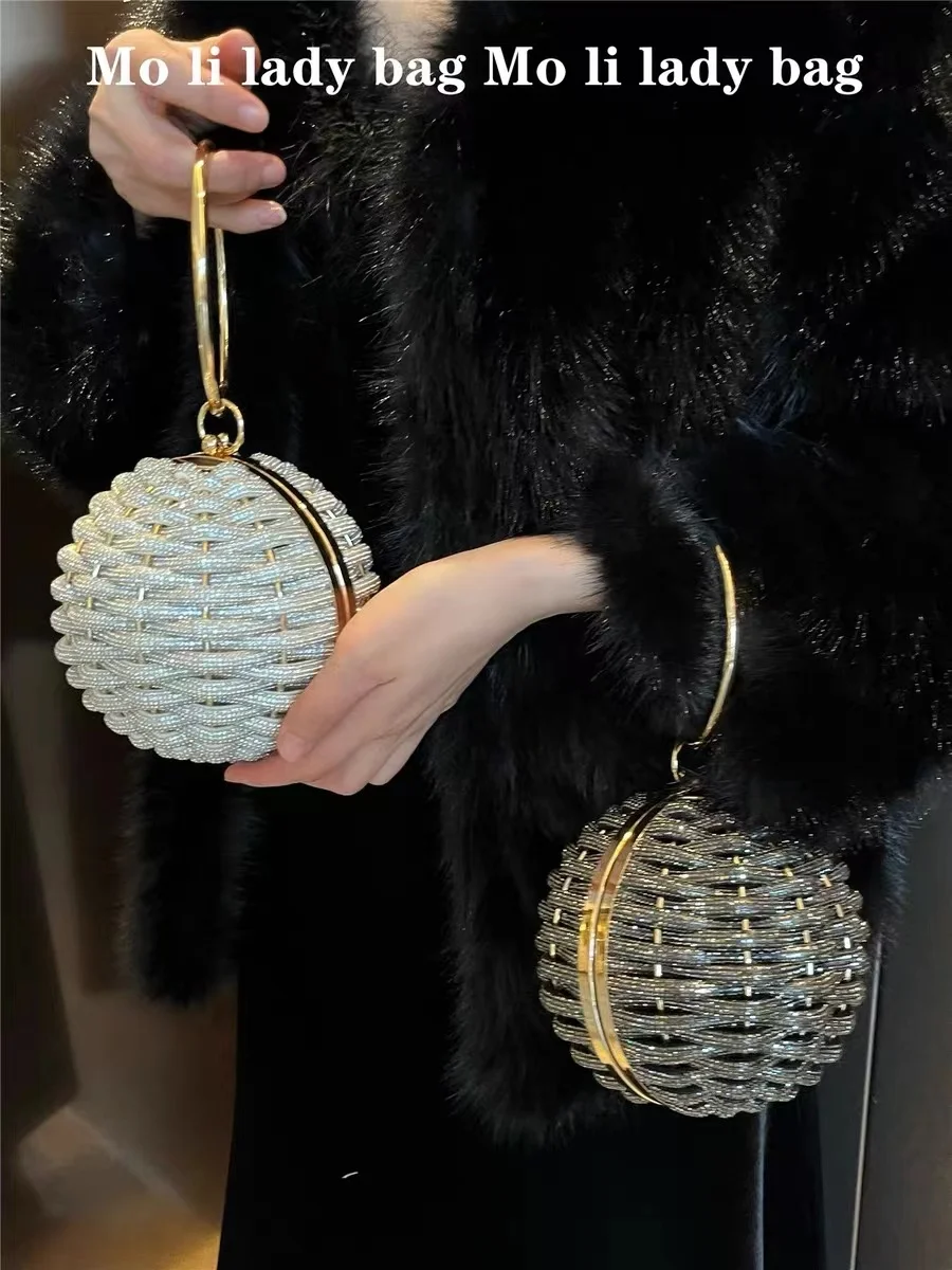 Круглая сумка с блестящими стразами и бриллиантами женская роскошная вечерняя