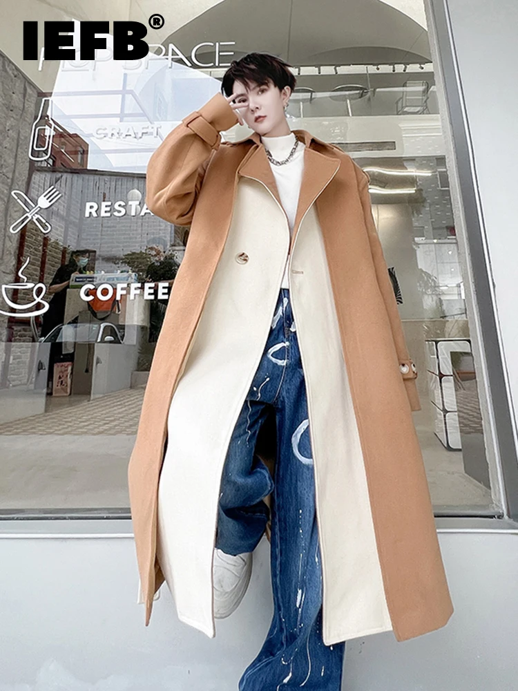 IEFB Winter Korean Color Contrast  Long Woolen Coat Men's Design Felt High Street 2022 Turn-down Collar Male Trench Warm 9A5717