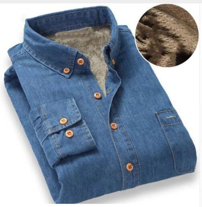 Fashion Warm Winter Denim Jeans Dress Shirt Men Fleece Lined Velvet Shirts Button Down Brand Male Bottoming Men's Shirt M-4XL