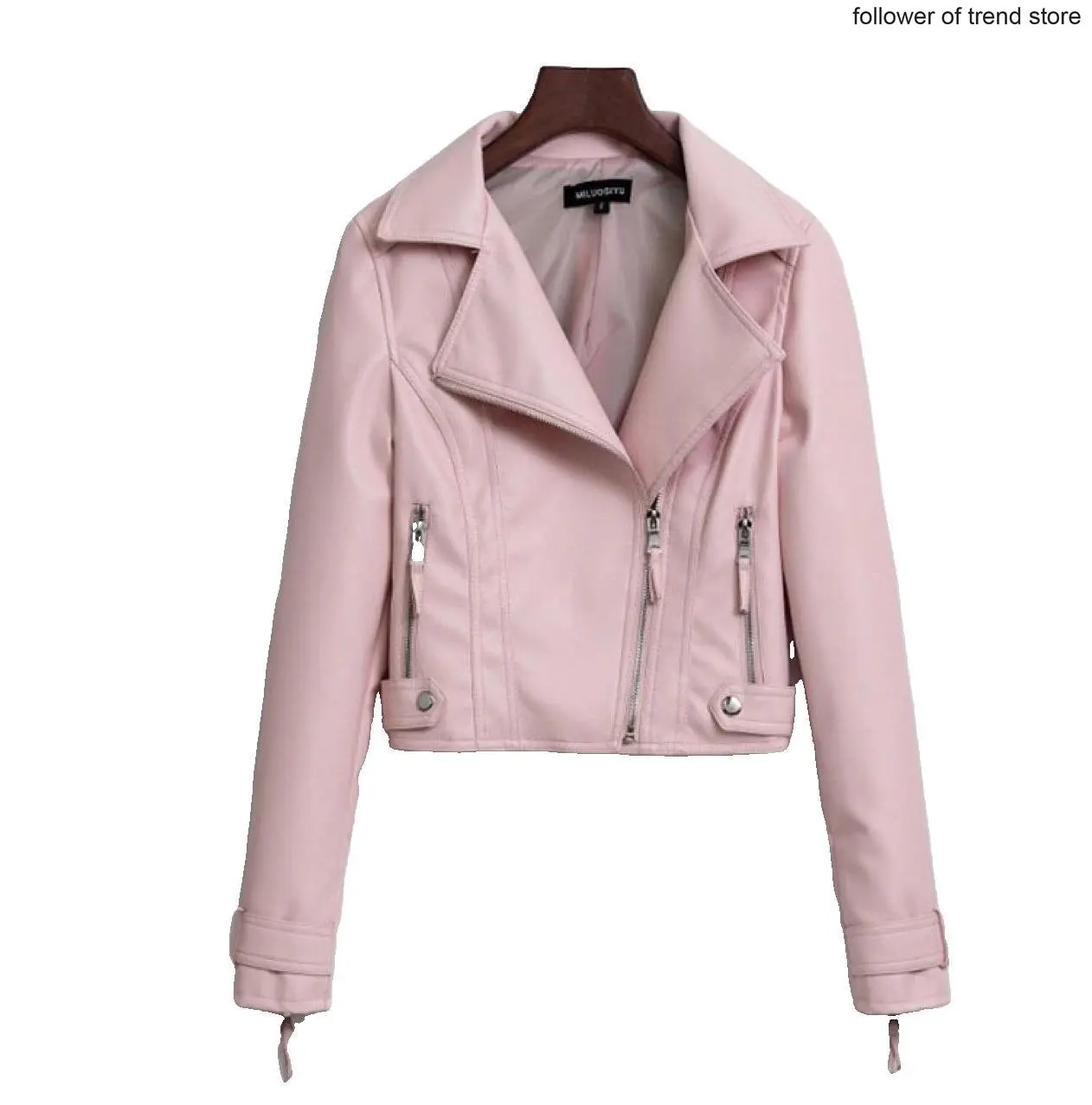 

Women's Spring and Autumn Pink Pu Skinny Leather Coat Short Korean Fashion Slim Multicolor Motorcycle Clip Overcome Lapel Coat