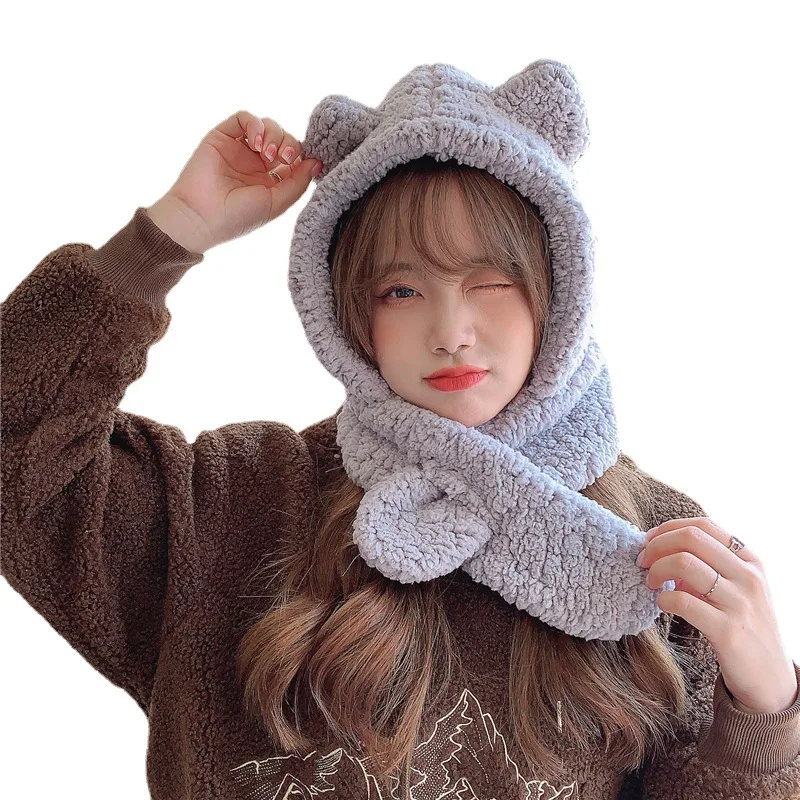 Winter Cartoon Bear Ear Beanie Balaclava With Ears Plush Fluffy Earflap Hat For Women Warm Thicken Windproof Scarf Cap Bonnet