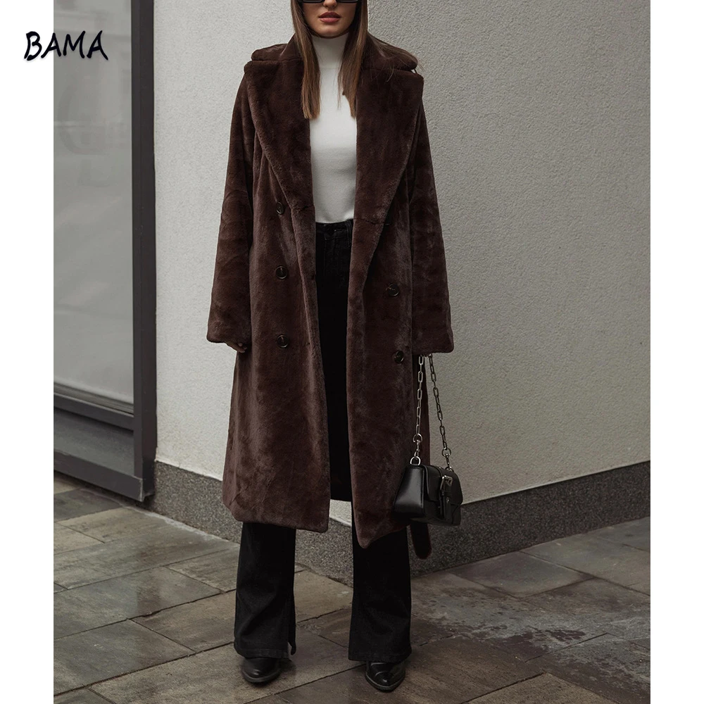 2022 Autumn Winter Fashion Warm Imitation Rabbit Fur Coat Elegant Temperament Double-breasted Belt Mid-length Womens Jacket