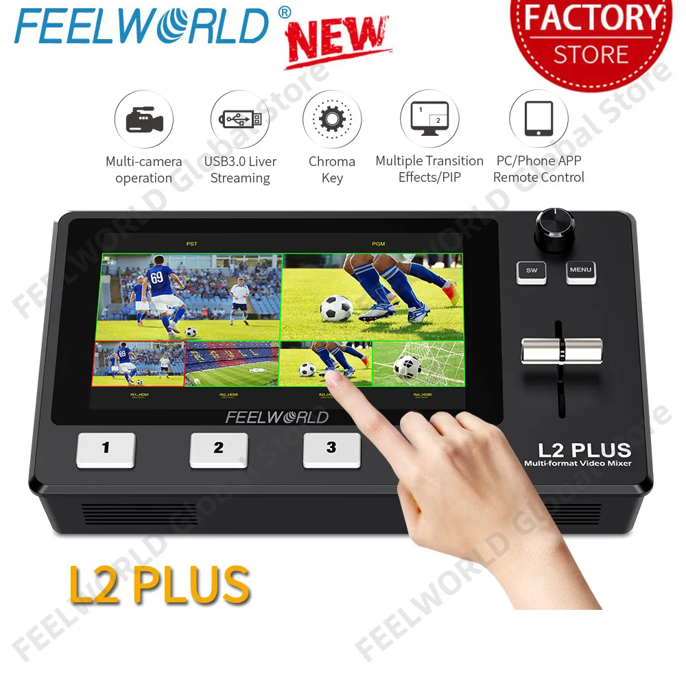 

FEELWORLD L2 Plus 5.5" LCD Multi-Camera Video Mixer Switcher with Touch Screen PTZ Control Chroma Key USB3.0 for Live Streaming