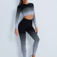 women long sleeve yoga set seamless fitness sportwear stripe sport suit workout gym clothing high waist leggings sports pants