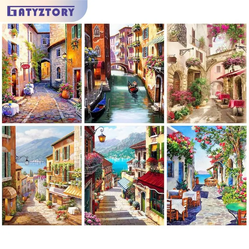 

GATYZTORY 5D DIY Diamond Painting Town street Diamond Mosaic Full Landscape Pictures Of Rhinestones Embroidery Home Decoration