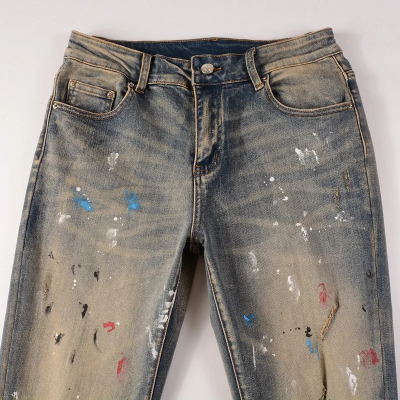 Men Light Blue Painted Steetwear Style Skinny Stretch Destroyed Holes Slim Fit High Street Graffiti Distressed Ripped Jeans