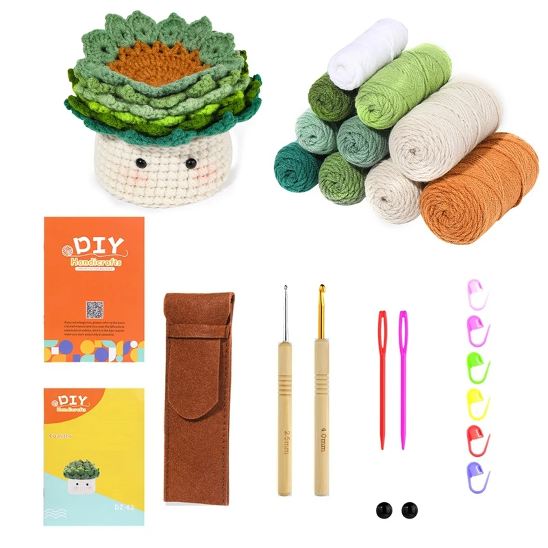 

6Pcs Crochet Kit For Beginners Coasters In A Plant Pot Crochet Start Kit Beginner Crochet Kit With Crochet Hooks, Yarn