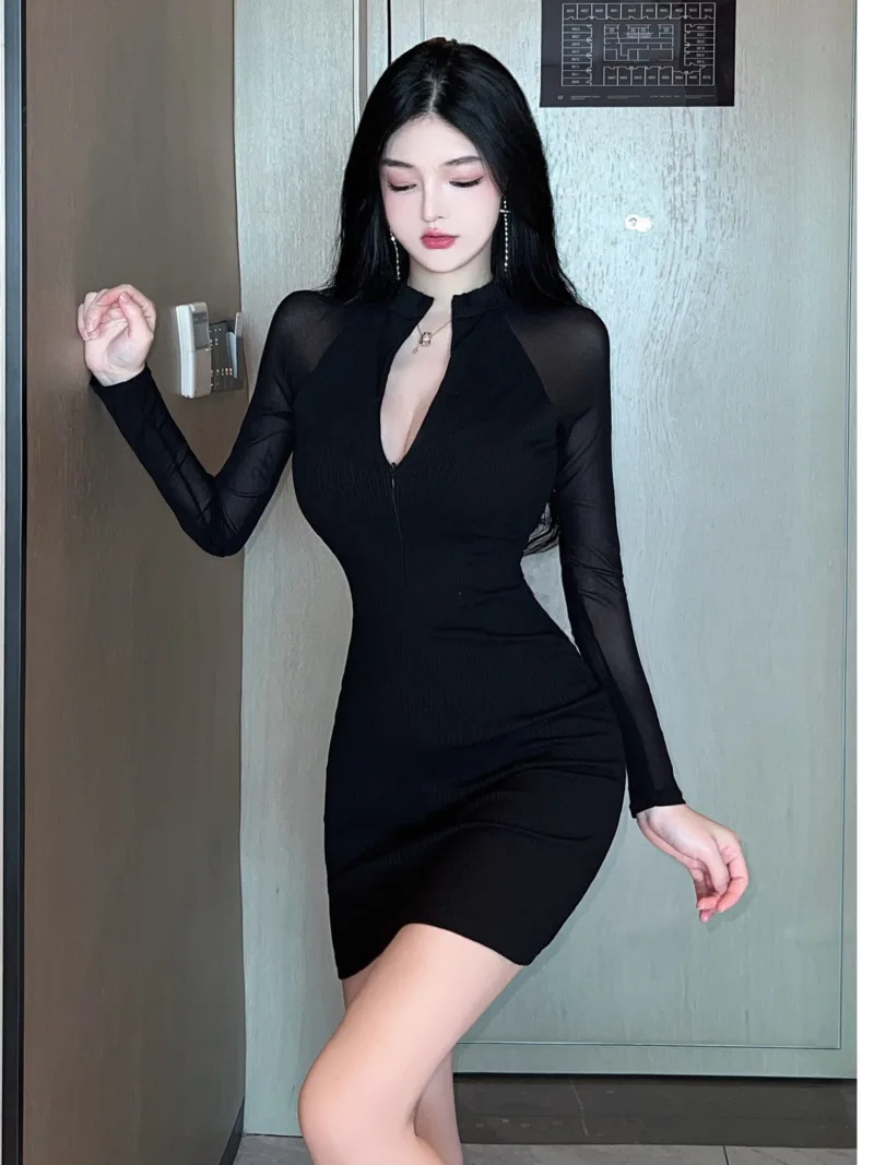 

23 Spring New Women's Sexy Spice Girls Gauze Spliced Polo collar Fashion Slim Long Sleeve Solid Color Wrap buttocks Dress VCUD