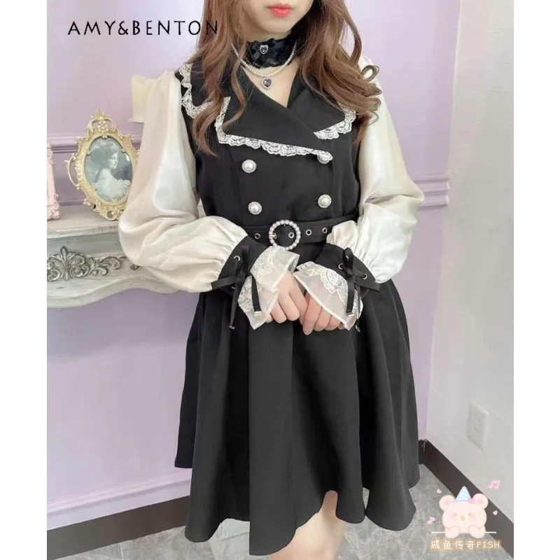 Japanese Style Spring Autumn Women's Dresses Rojita Mass-Produced Lace Long Sleeve Dress Stitching Fake Two-Piece Casual Dress