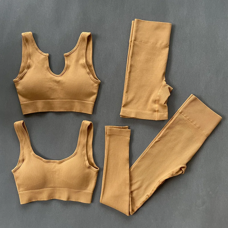 

2/3/4Pcs Yoga Outfits Workout Sets For Women Seamless Ribbed Crop Top Bra High Waist Leggings/Shorts Sportswear Gym Clothing
