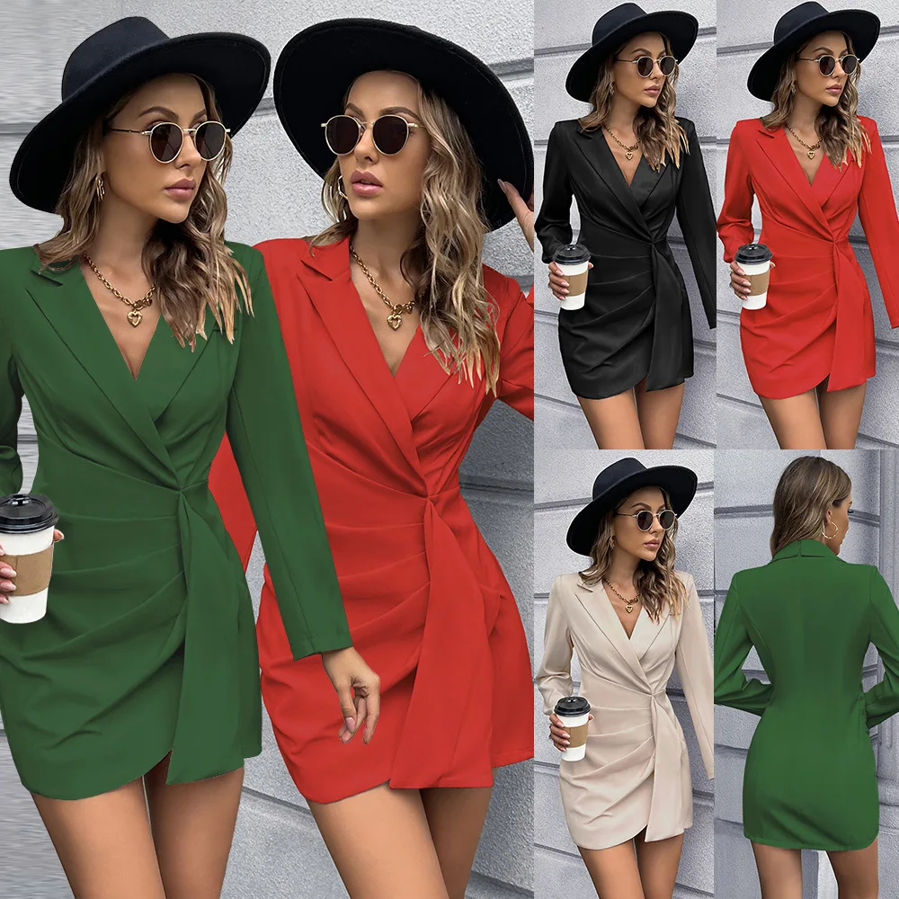 

Women Autumn Spring Blazers Long Sleeve V-neck Pleated Irregular Blazer Dress Office Ladies Slim Dresses