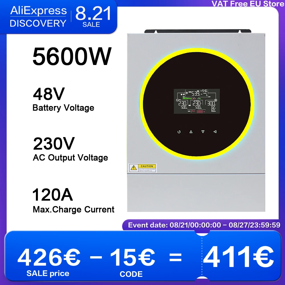 

5600W 48V 230V MPPT 120A Solar Hybrid Inverter PV Input 6000W 500vdc LED Ring Lights Touchable Button Built in WIFI