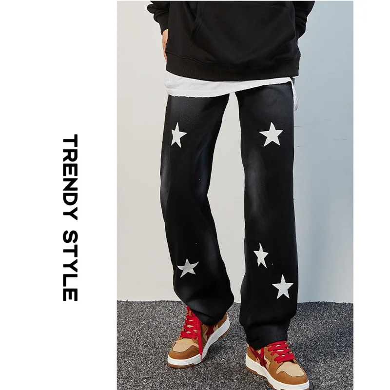 Streetwear Men Hip Hop Loose Straight Cylinder Stars Printing Casual Pants Versatile Comfortable Jeans Autumn and Winter Female