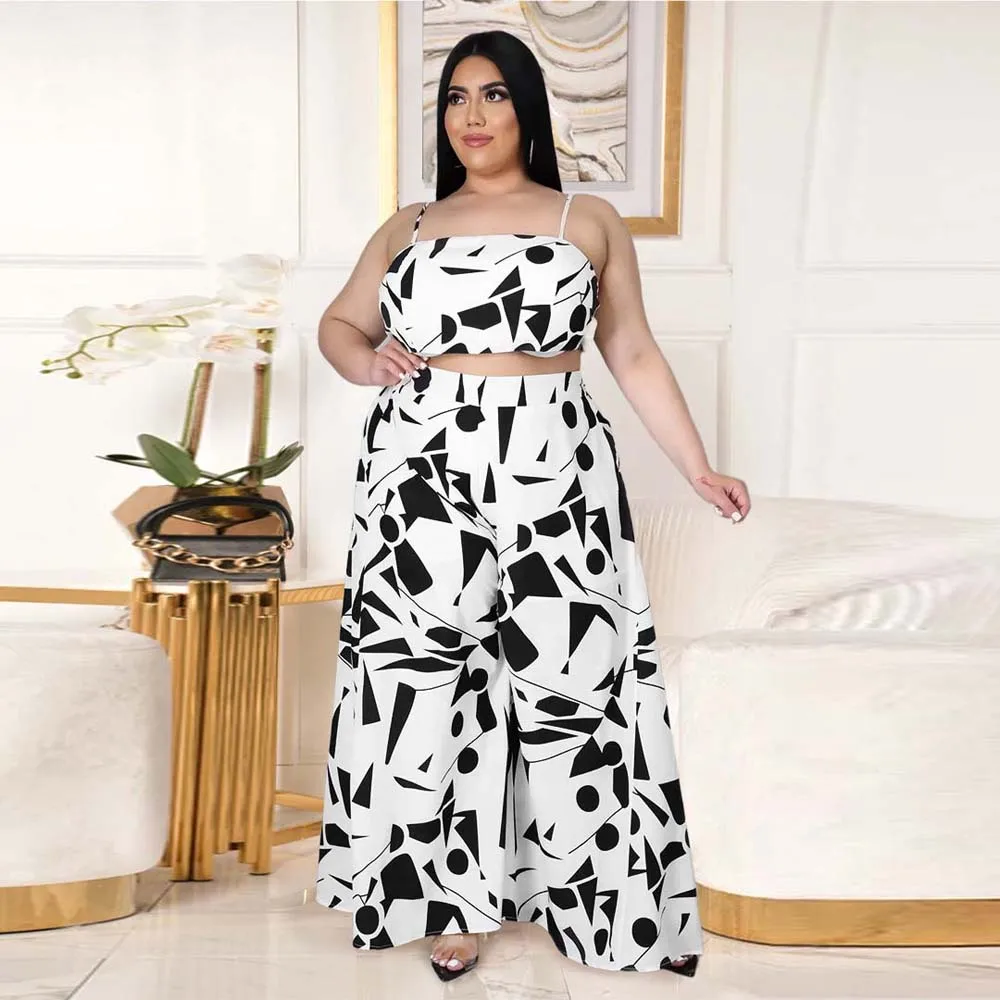 

Plus Size Two Piece Sets Fashion Printed Zipper Sling Wide Leg Pants Beach Two Pieces Plus Size Women's Summer 2022