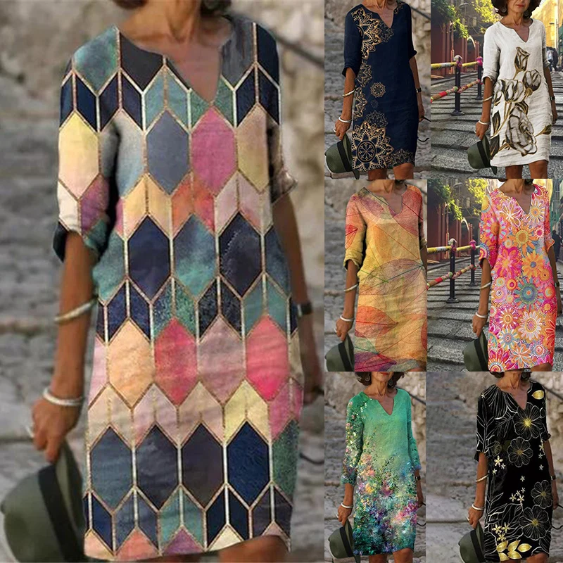 

Женское платье с цветочным принтом, V-образным вырезом и рукавом до локтя