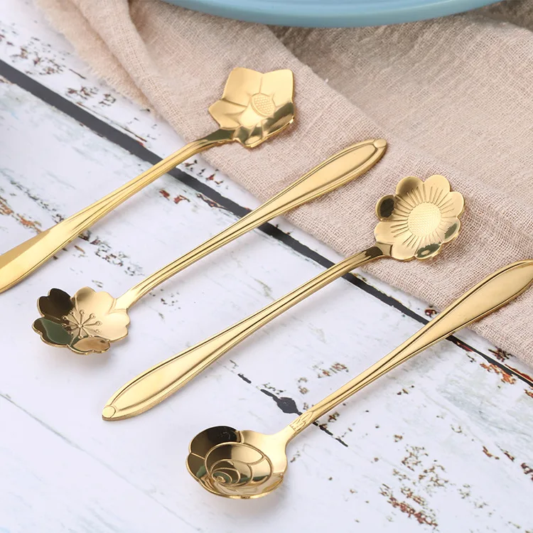 

4Pcs Cute Stainless Steel Flower Teaspoon Dessert Coffee Spoon Golden Sakura Rose Spoon