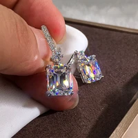 new classic silver plated square cut crystal drop earrings for women white cz stone inlay fashion jewelry wedding party gift
